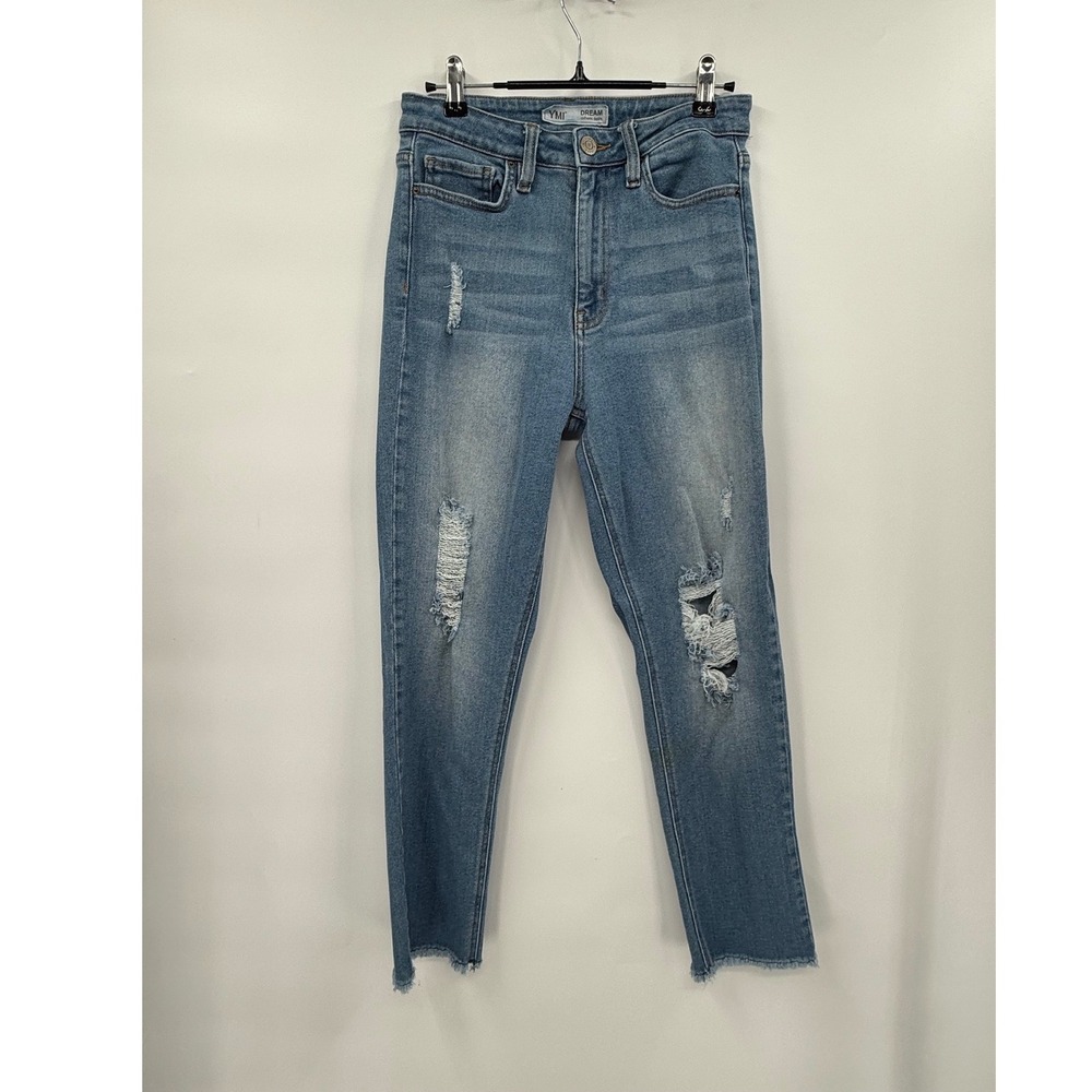 YMI 7/28 Distressed High Rise Slim Jeans Womens Light Wash Ripped Raw Hem